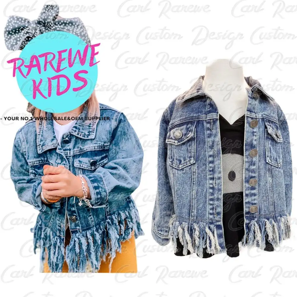 Rarewe vente en gros chaude bébé filles veste en jean délavé déchiré frangé veste en jean pour les enfants