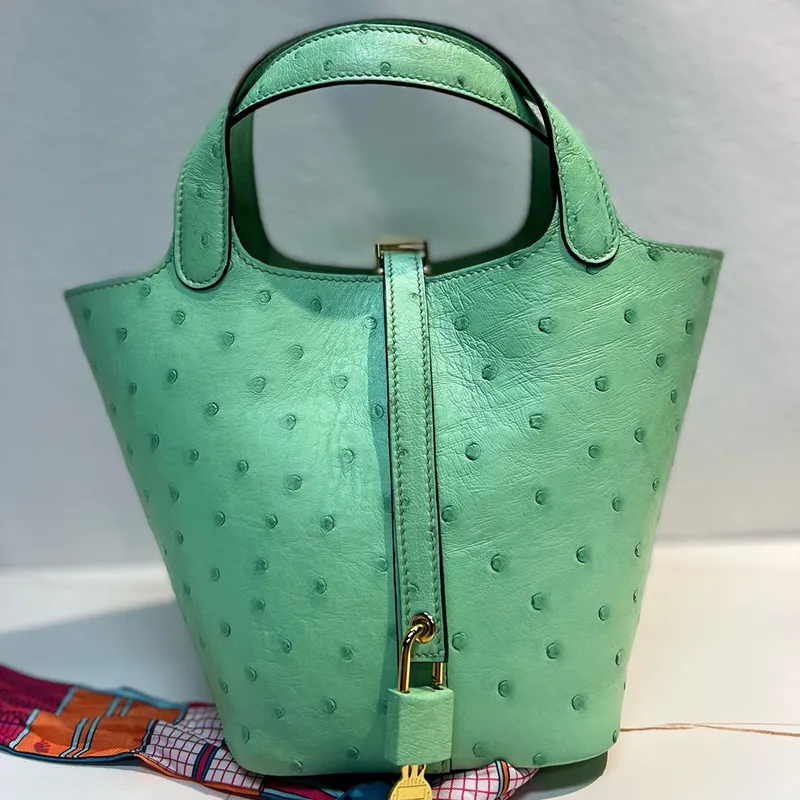 Hilo de cera hecho a mano puro costura cuero de avestruz moda cubo bolso Mujer