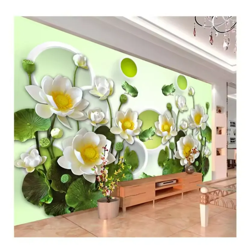 Large-Scale Wallpaper Murals To Custom Any Size Photo 3d Stereo Lotus Frog Background Wallpaper