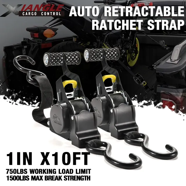 2 Pack 1"x 10' Motorcycle Strap Set Heavy Duty Auto Retractable Ratchet Tie Down Straps for ATV  Boat  Securing Cargo