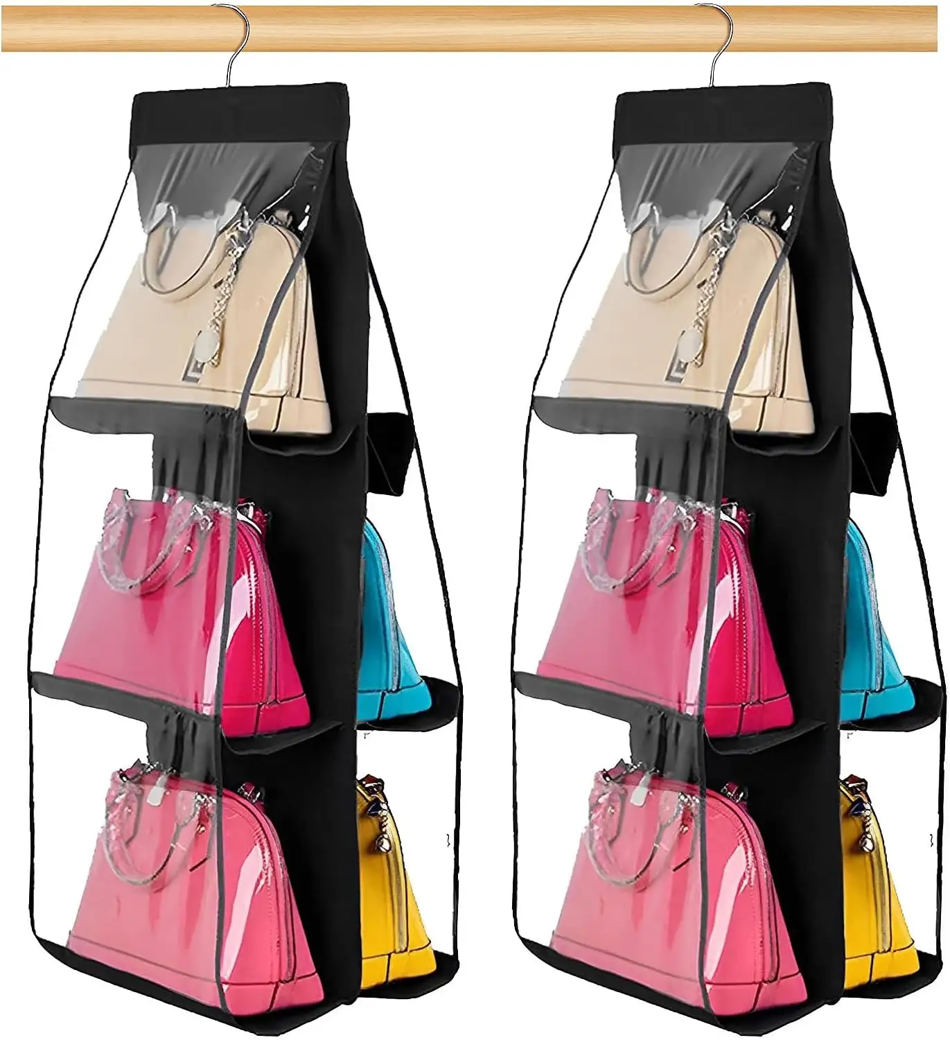 Подвесной органайзер для сумочки, пыленепроницаемый держатель для хранения, сумка для гардероба, клатч для кошелька с 6 большими карманами, черный