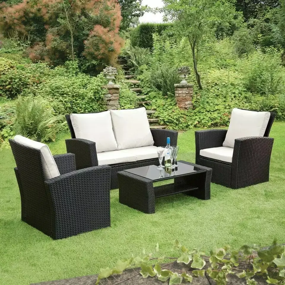Modelo de gran oferta en el mercado del Reino Unido, juego de sofás/Patio de ratán de 4 plazas, muebles de exterior de bambú, juego de jardín moderno, tablero de aluminio