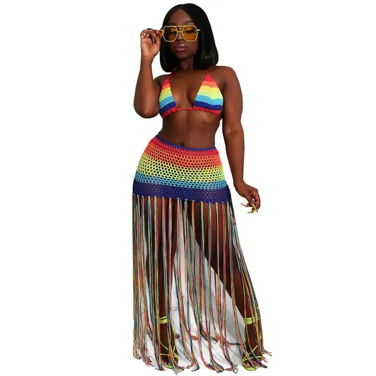 Femmes Plage Bikini Maillot De Bain Ensemble Coloré Évider Plage Maillots De Bain Et Cache 2 PCS Crochet Haut Et Bas Cover Up Robe