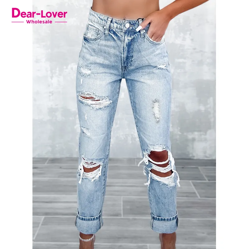 Dear-Lover all'ingrosso Private Label alta moda pantaloni in Denim Western lavati strappati svasati a zampa di elefante Jeans donna