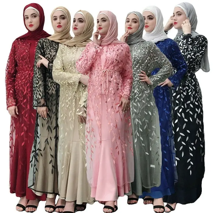 ชุดแฟชั่นอิสลาม Abaya สำหรับผู้หญิง,ชุดผ้าตาข่ายลายใบไม้ปักเต็มชุดสำหรับผู้หญิงปี2019