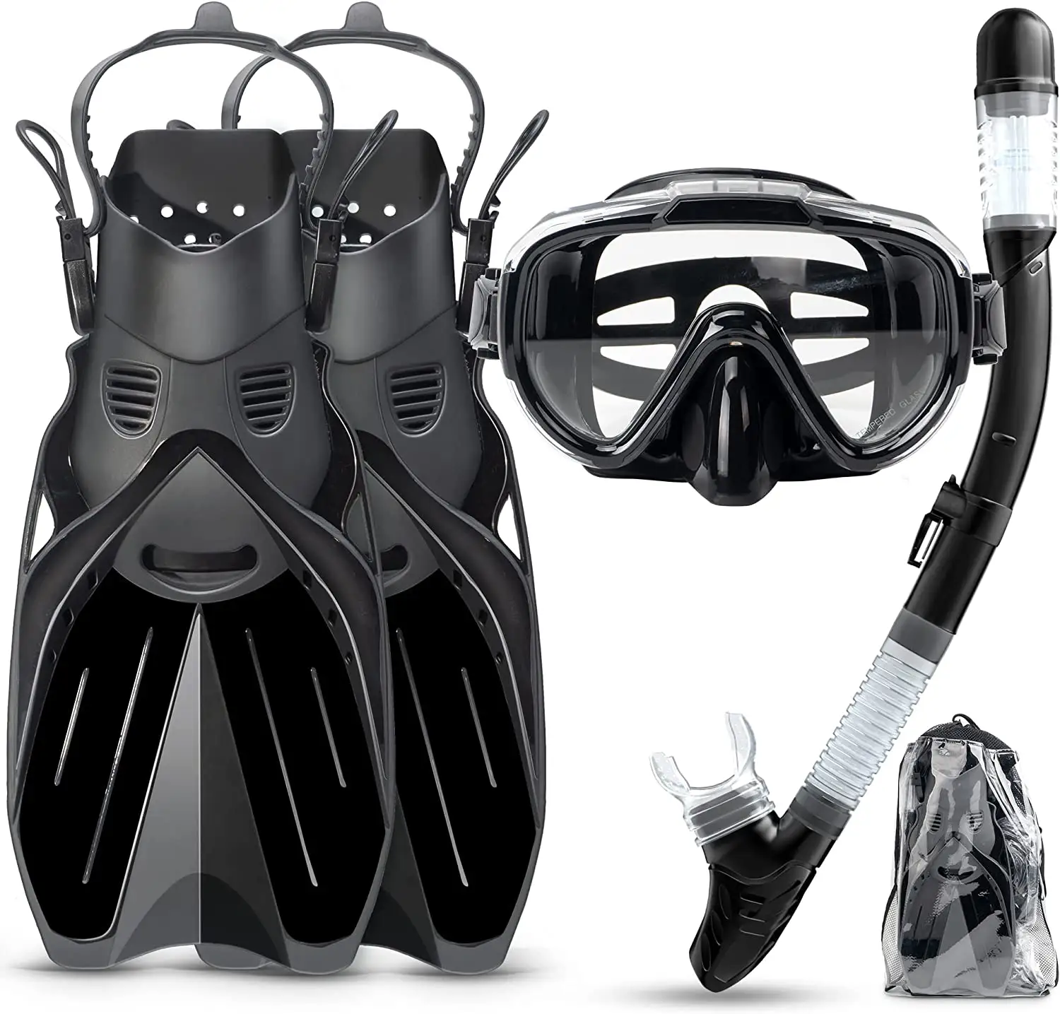 Ensemble de masque de plongée avec tuba, 3 pièces, masque de plongée professionnel, anti-buée et anti-fuite, avec palmes d'apnée