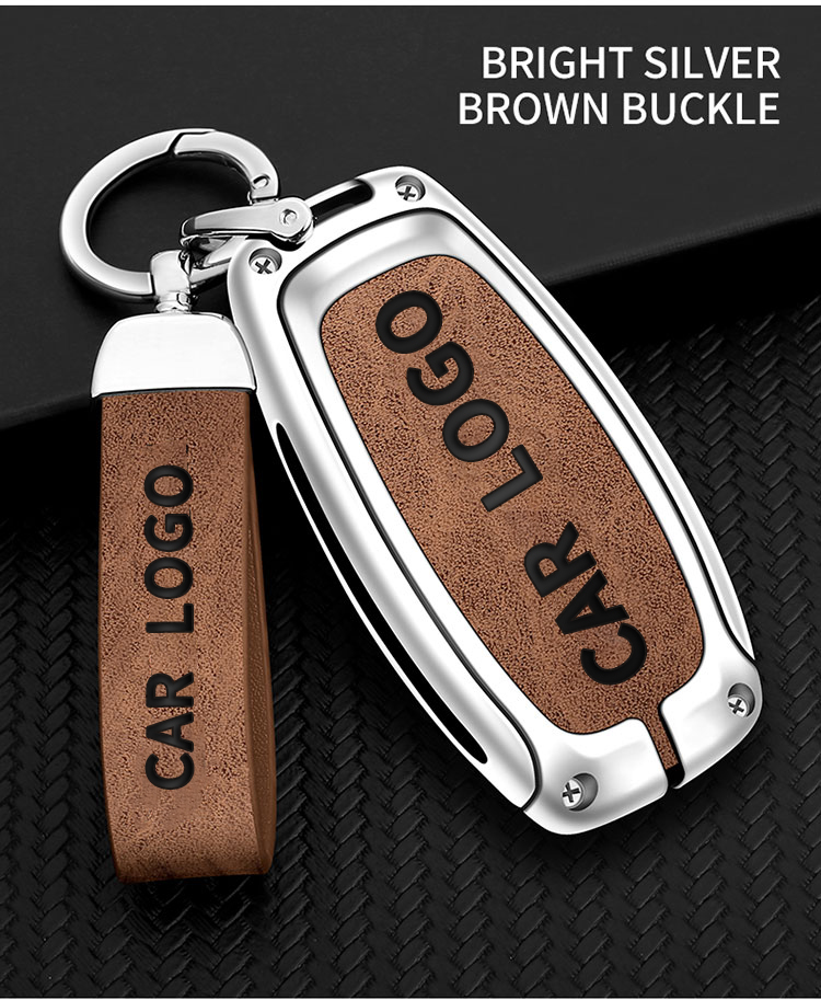 Bright silver brown + leather key chain