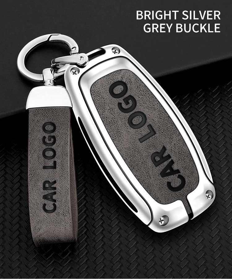 Bright silver grey + leather key chain