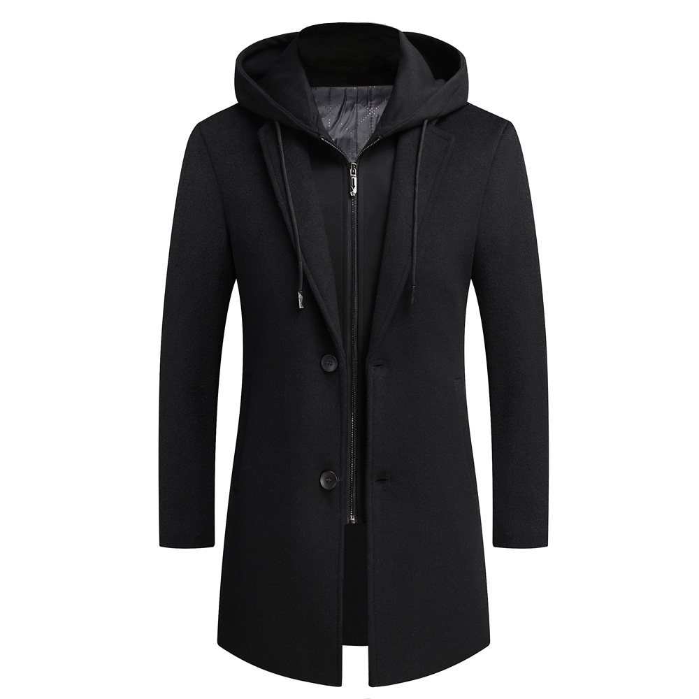 Trench lungo da uomo nero con cappuccio in lana