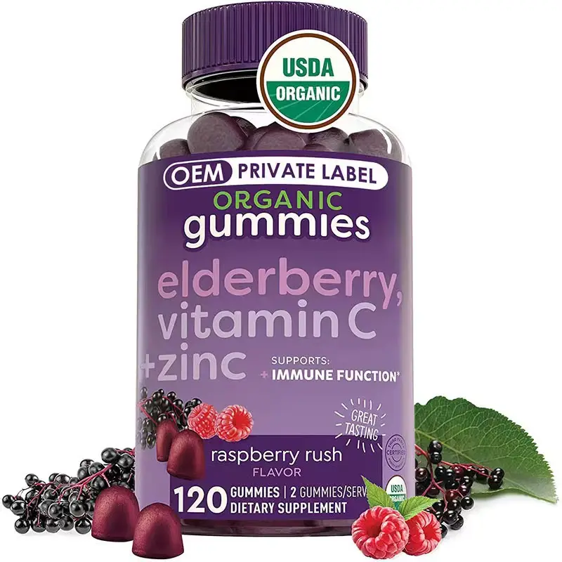 توريد OEM تخصيص مكمل Elderberry فيتامين C من صمغ الزنك للصحة في الدماغ