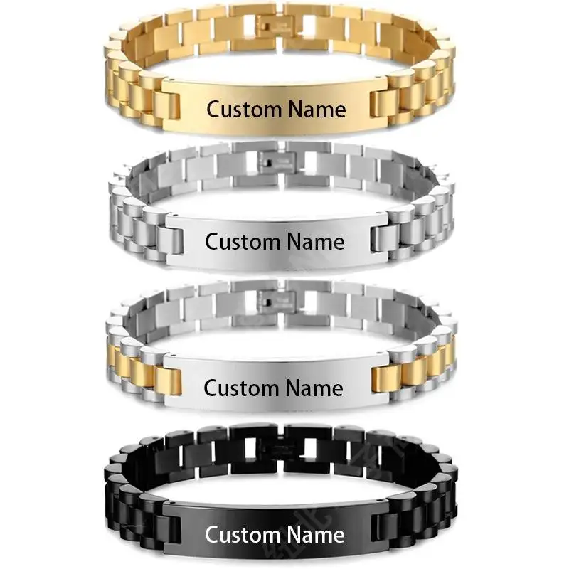 Binshuo pulseiras de aço inoxidável, joias personalizadas de aço inoxidável banhadas a ouro 18k, com nome e logotipo de gravação, para homens