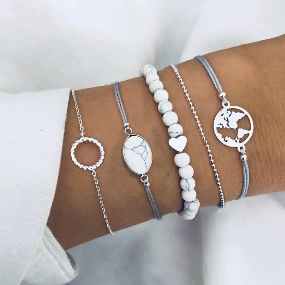 Böhmische minimalist ische hohle Silber karte Kreis Armband Mode natürliche türkis farbene Perlen Armband für Geschenk