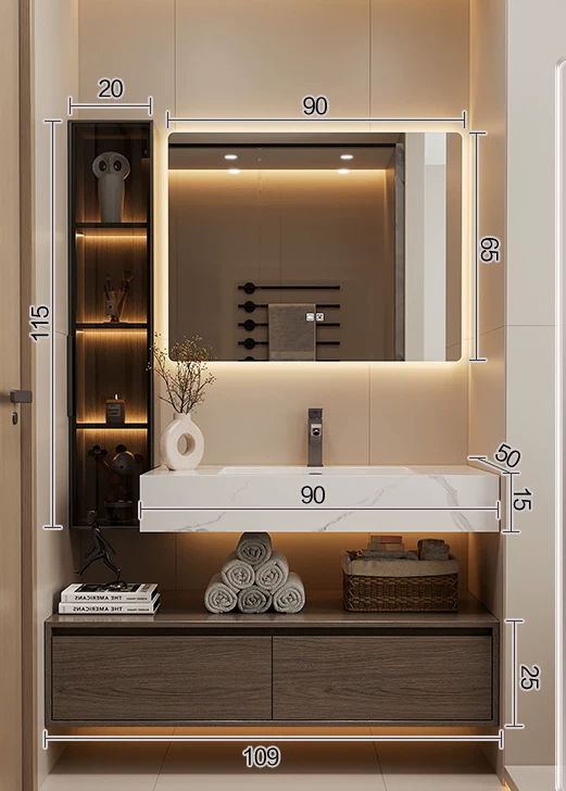 Comptoir intégré en pierre de 110 cm avec évier en céramique + miroir intelligent