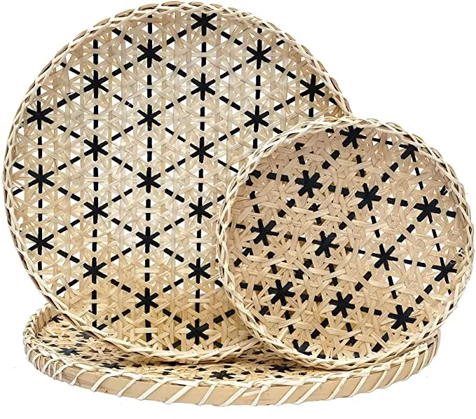 Conjunto de 3 cestas de bambu redondas, cesta de bambu tecido à mão para parede africana rústica decorativa para mesa de café
