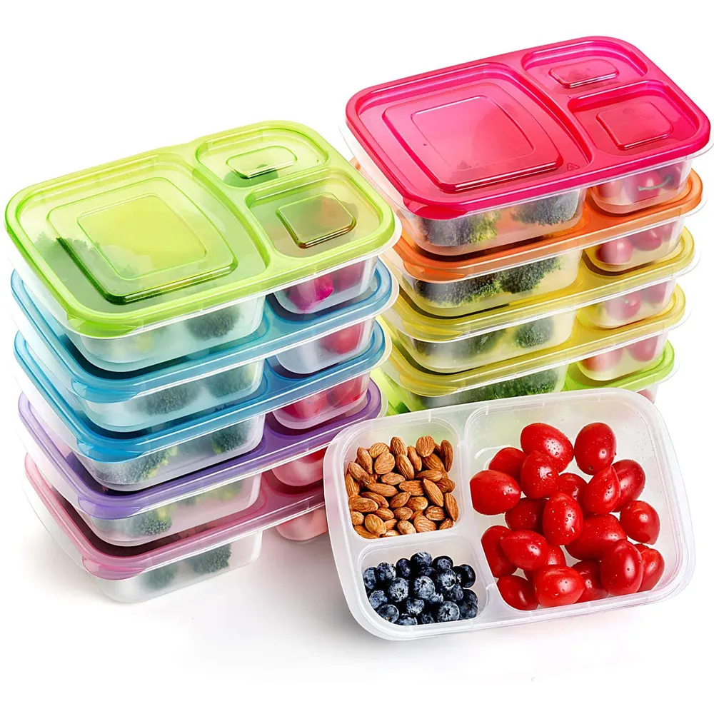 Maaltijd Prep Containers 3 Compartiment Voedsel Opslag Herbruikbare Plastic Bento Microwavable Lunch Dozen Met Kleurrijke Deksels