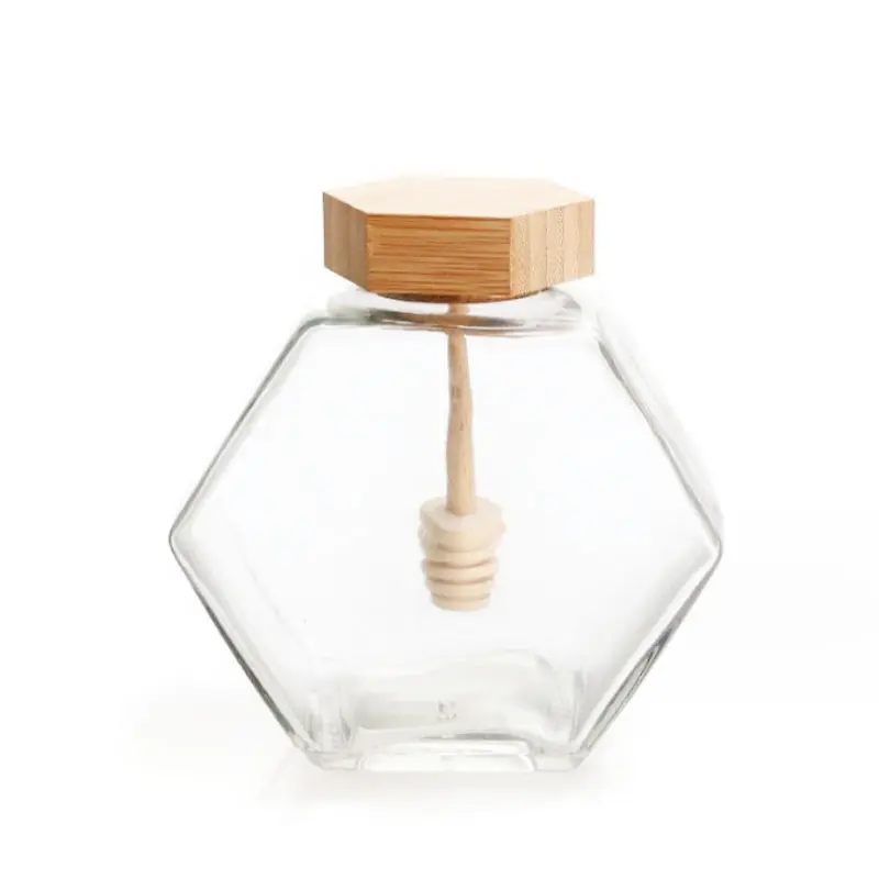 Großhandel Sechseckige hochwertige flache quadratische Mini-Glas Honig glas versiegelte Holzdeckel Rührstab transparente Glas