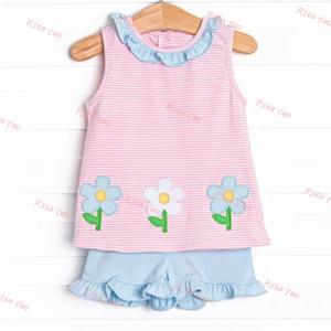 刺繍ピンクストライプコットンシスターマッチング服小さな女の子フリルサンドレス子供女の子ツーピースブルーマーセットベビードレス