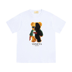 トップ定格ユニセックスブラックコットンプリントTシャツメンズOネックドロップショルダールーズサーモクロミックベアデザイナー夏ニット生地
