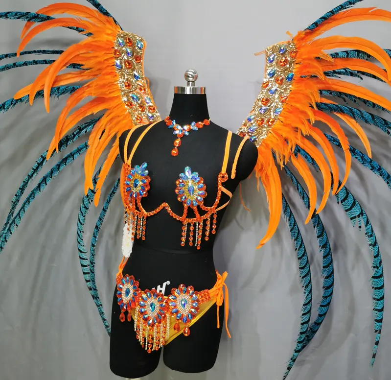 Costume da ballo Samba fatto a mano scintillante di lusso Rio reggiseno di filo di carnevale + collant + copricapo di piume con Costume di danza del ventre Sexy in pietra