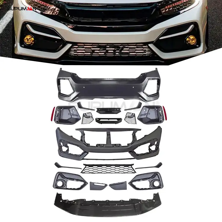 Kit de carenagem para Honda Civic, amortecedor dianteiro e traseiro, kit de carenagem para carroceria, plástico ABS, preto e carbono, 1 conjunto, caixa de papelão padrão