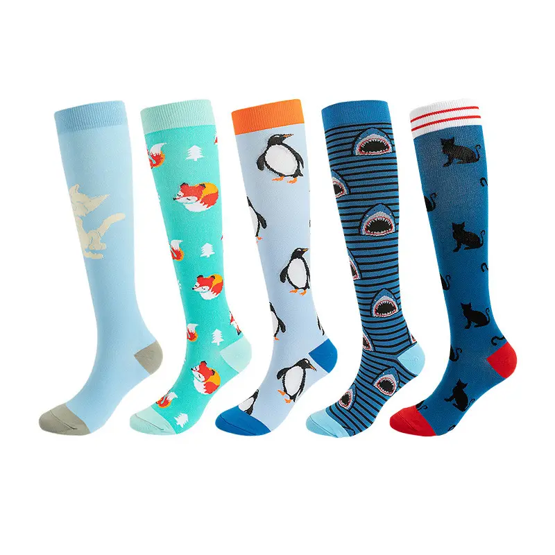 Chaussettes de Compression Nouveau Respirant Animal Genou Haute Plaine Bleu Nylon Enseignant Médecin Bureau Infirmière Chaussettes De Compression Pour Hommes Femmes