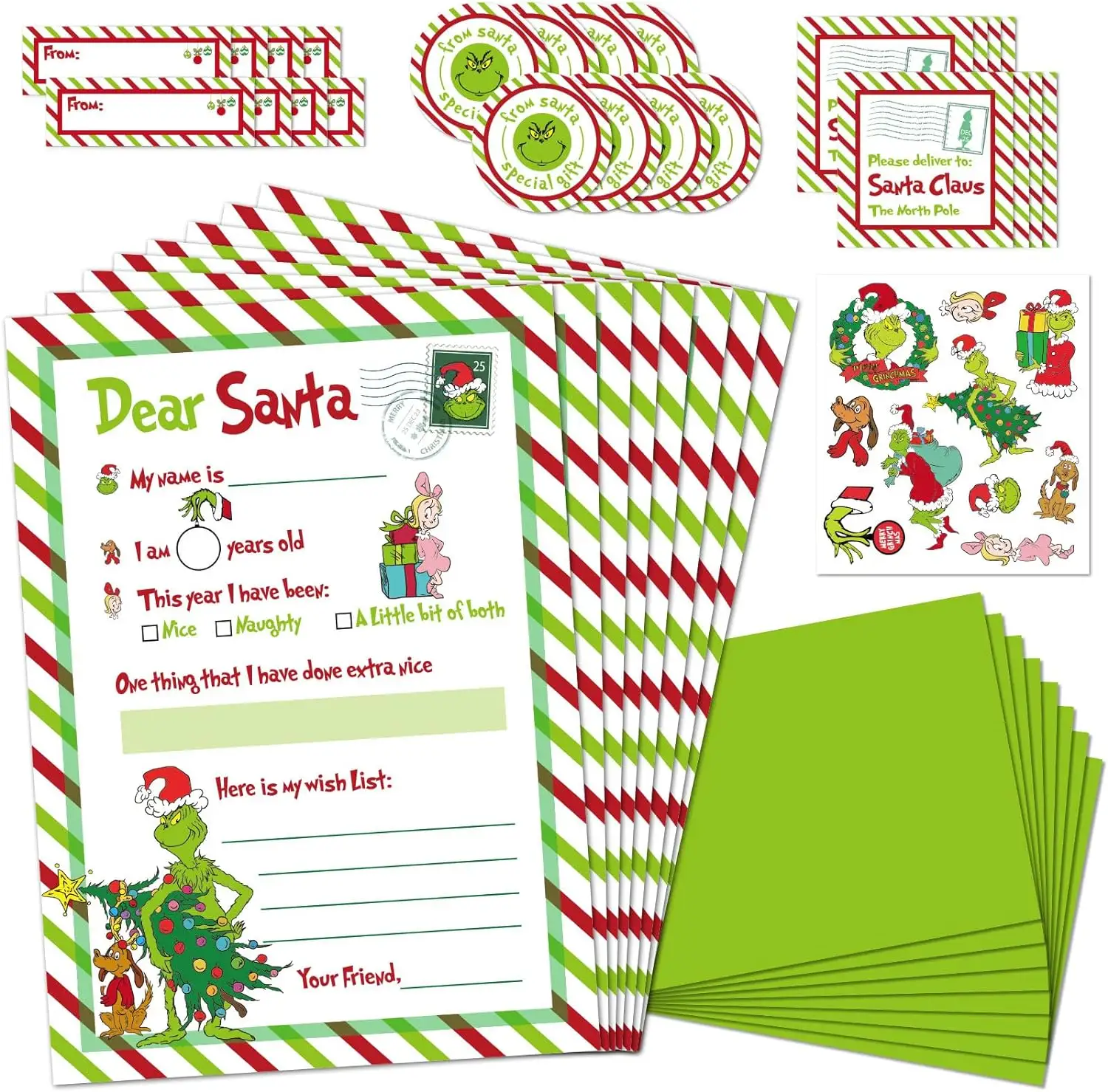 Thư cho Santa kit, Bộ thư Santa chính thức cho Giáng sinh điền vào các thẻ trống với phong bì/nhãn dán màu xanh lá cây