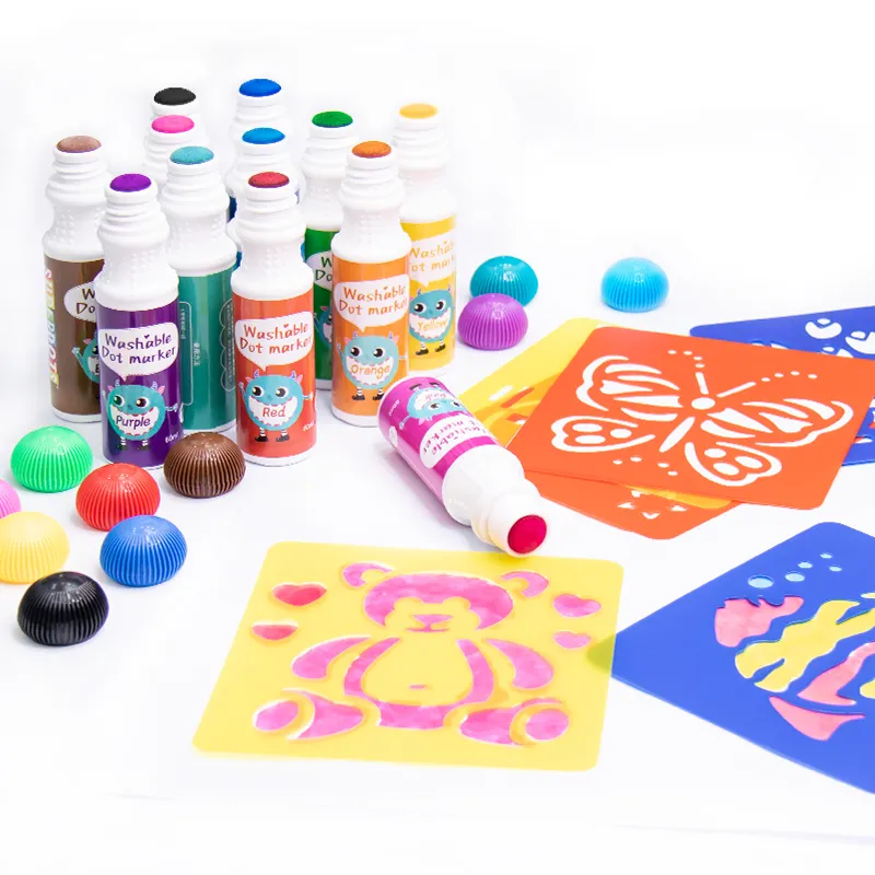 Juego de marcadores para colorear promocionales, 12 colores fácil de lavar pintura de puntos marcadores de colores Kit de libros de actividades juego de juguetes de dibujo