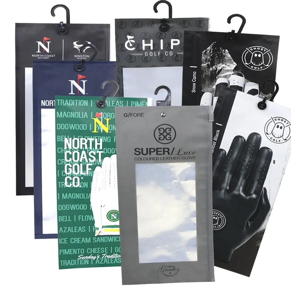 Impression numérique échantillon gratuit feuille d'aluminium refermable pochette de sac d'emballage de gant de golf personnalisé avec zip-lock et crochet de suspension