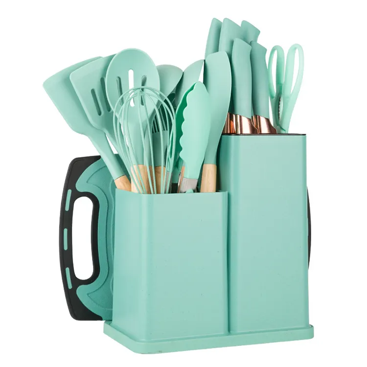 Oem 19 pezzi manico in legno set di utensili da cucina in silicone utensili set da cucina utensili da cucina con supporto per la conservazione
