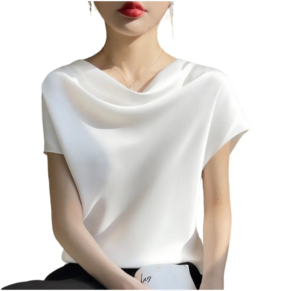 Verão novas mulheres francês colarinho curto temperamento de seda simples manga curta top branco elegante femme en soie mulheres blusas