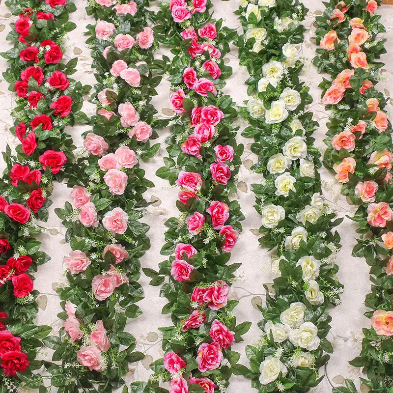 Venta al por mayor de alta calidad 220CM Artificial Rose Vine Flowers Garland con hojas verdes Home Wedding Party Decor Flores artificiales