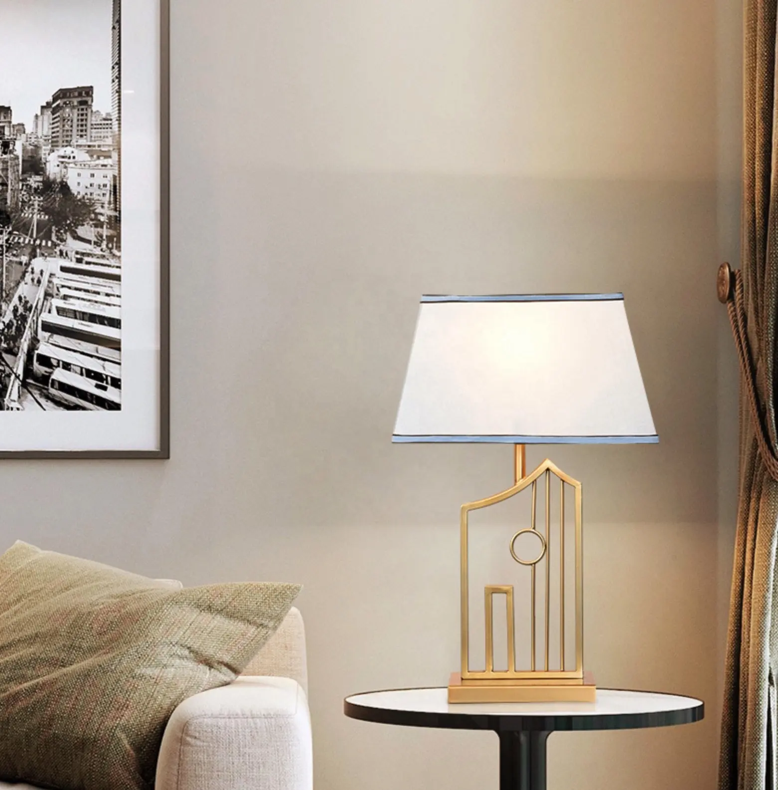 Chapeamento De Ferro Moda Hoop Table Lamp Tecido Lâmpada Sombra Desk Lamp Hospitality Iluminações