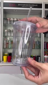 450毫升透明隔热塑料双壁杯可重复使用冷饮果汁咖啡牛奶杯平盖双层吸管