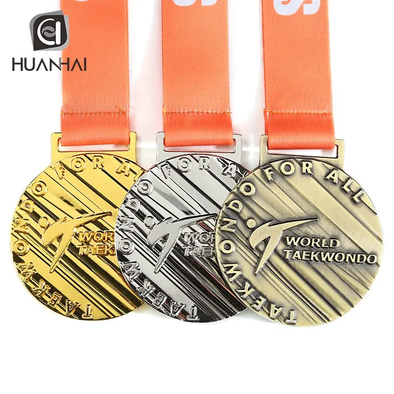 Medalla de metal personalizada de taekwondo, logo en relieve 3D de oro, plata y bronce