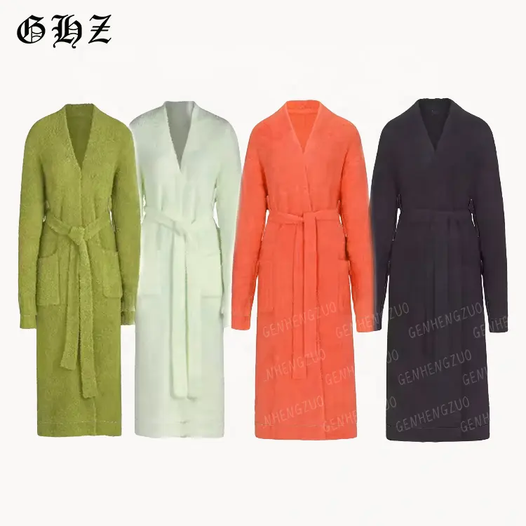 Kustom rajutan uniseks jubah lengan panjang piyama musim dingin berbulu mantel Fuzzy pakaian tidur hangat pakaian jubah mandi piyama wanita