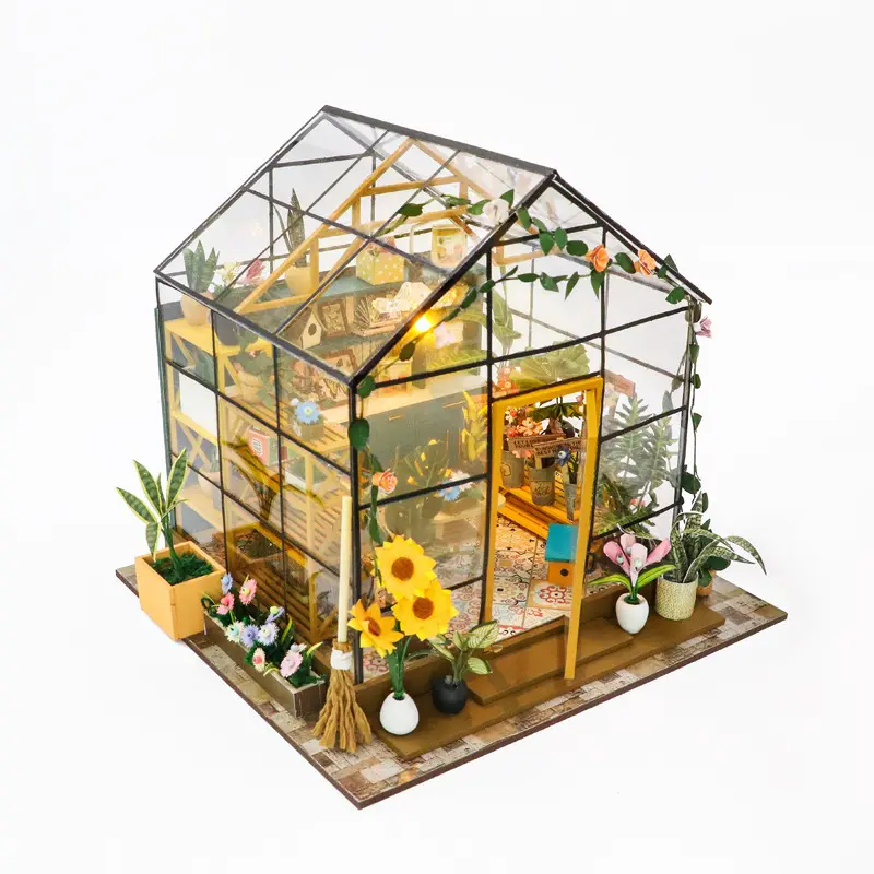 सनशाइन फ्लावर हाउस हस्तनिर्मित उपहार लघु वास्तुशिल्प परिदृश्य मॉडल DIY गुड़िया हाउस किट प्रकाश के साथ