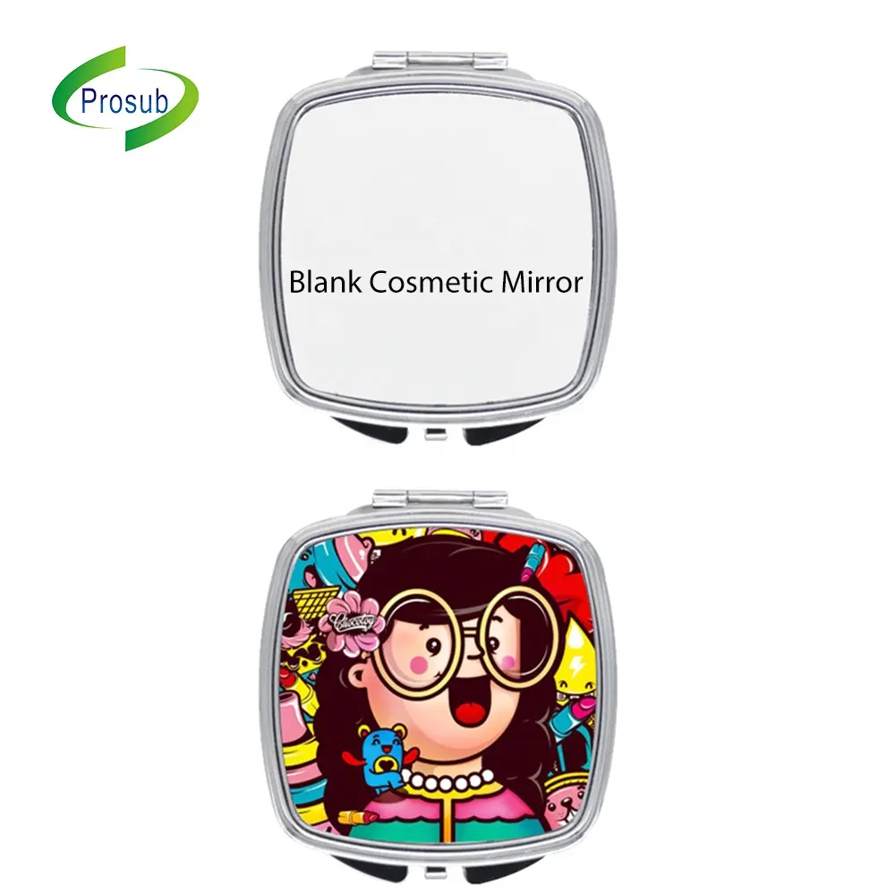 Prosub vente en gros bricolage Design Sublimation blanc maquillage miroir Compact Sublimation carré rond métal cosmétique miroir de poche