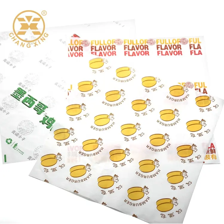 Toptan özelleştirilmiş baskılı Logo ve boyut gıda güvenli sınıf Burger yağlı Deli et sarma balmumu kaplamalı kağıt