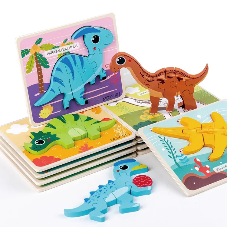 Jouets éducatifs 3d pour bébé, forme d'animal personnalisée, série de dinosaures en bois drôle, Puzzle