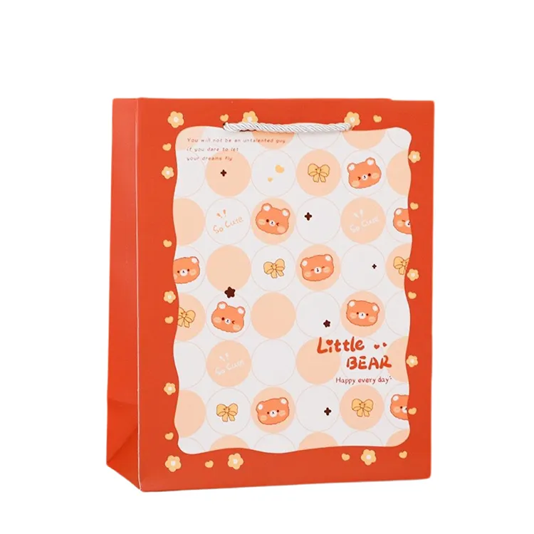 Wholesale new cartoon bear pattern intensification kraft paper bags with handle for Kids packing snacks