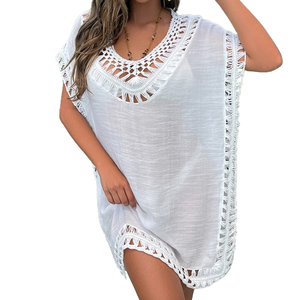 European and American <strong>Tradable</strong> Holiday Hand-Crocheted Neckline Splicing Solid Color Sexy Sun Protection Short Beach Cover-Up - Product Image 2