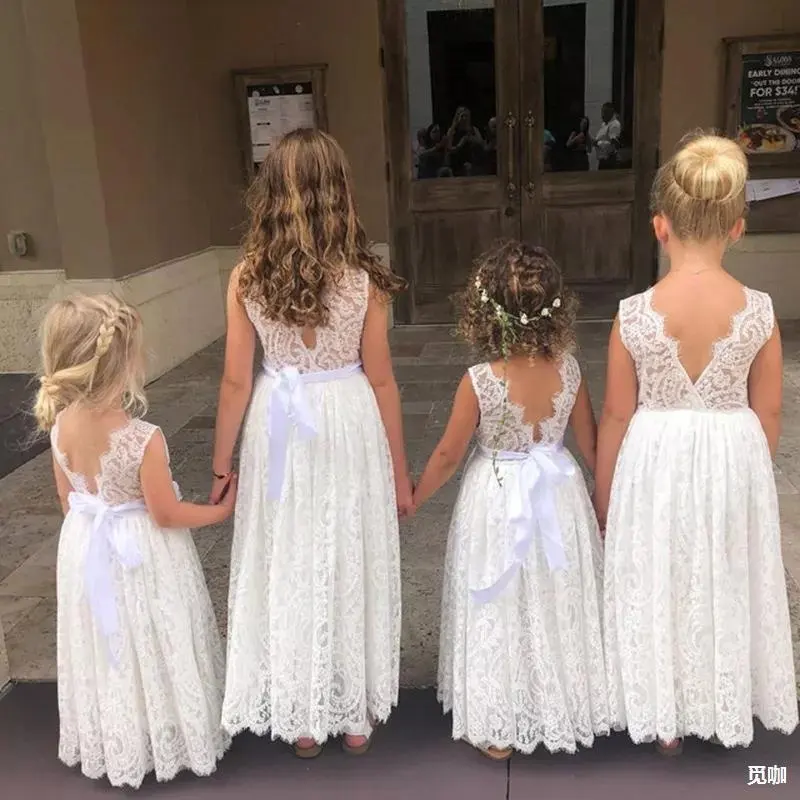 Kids Simple White Party Dress Sleeveless Summer V Back Soft Lace Fashion Maxi Frock Special Occasion Girls Dresses For Children