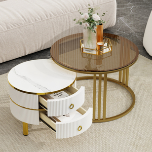 Mesa de centro apilable de 27,5 ''y 19,6'' con 2 cajones, mesas anidadas con vidrio templado marrón y mesa de mármol de alto brillo - Product Image 1