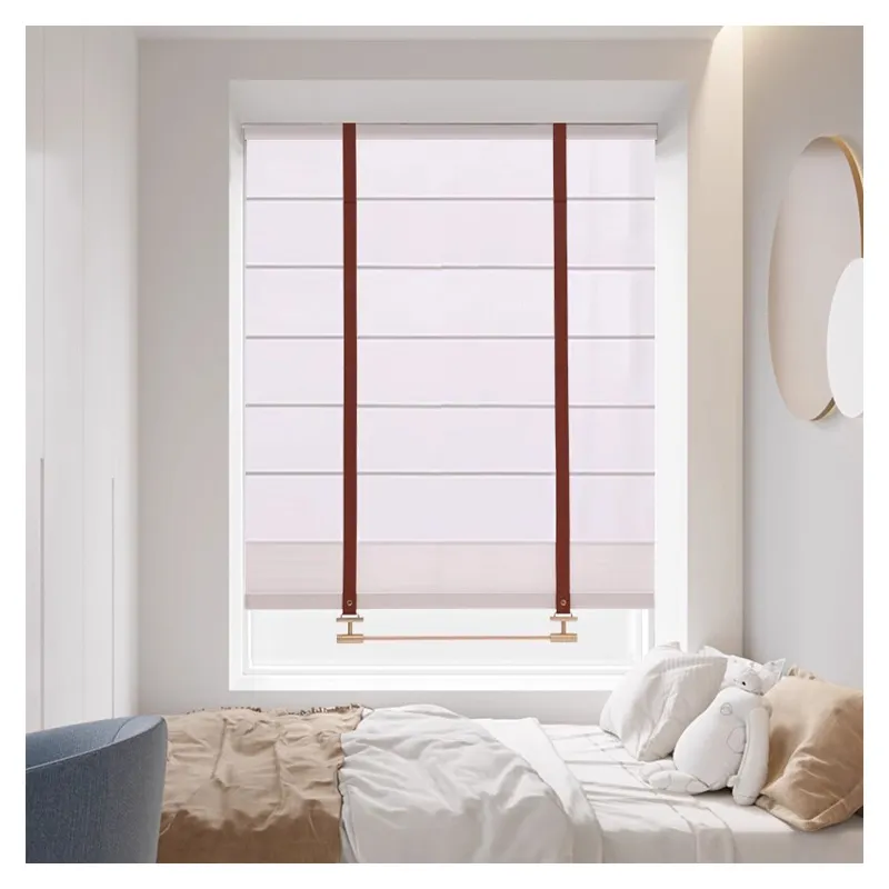 Cortina romana eléctrica de cuero y metal de lujo con luz moderna, persianas plegables, cortina de sueño para estudio de sala de estar de Hotel