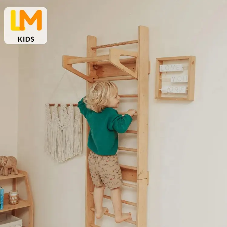 LM-Marco plegable para niños, marco de escalada de madera, equipo de gimnasio, anillos de escalada para interiores, barras de pared sólidas