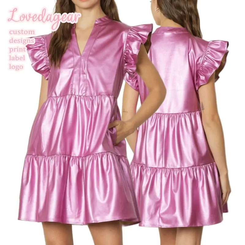 Lovedagear Marque Privée Personnalisée Violet Brillant Feuille Métallique À Volants Mini Robe Pour Les Femmes