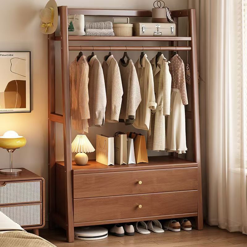 Walnut Pink Solid Wood Double Drawer Coat Rack