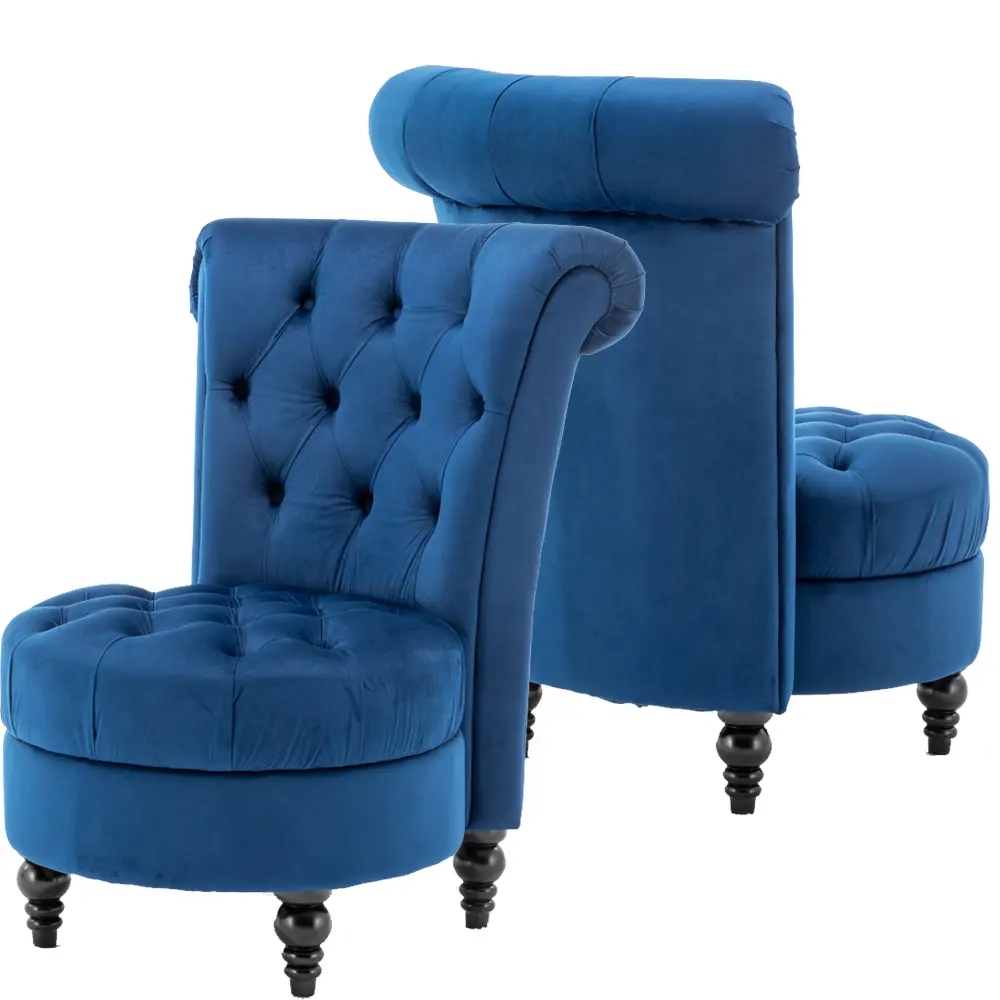 Aspecto elegante Sala de estar Sillas azules de terciopelo Respaldo alto Acento Dormitorio Silla Tufted Royal Throne silla de madera tapizada