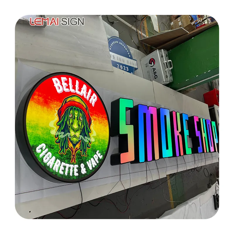 Sinal GRB para lojas de fumaça personalizado, decoração de interiores, luz LED, letras de canal em mudança de cor, sinal comercial 3D para exterior