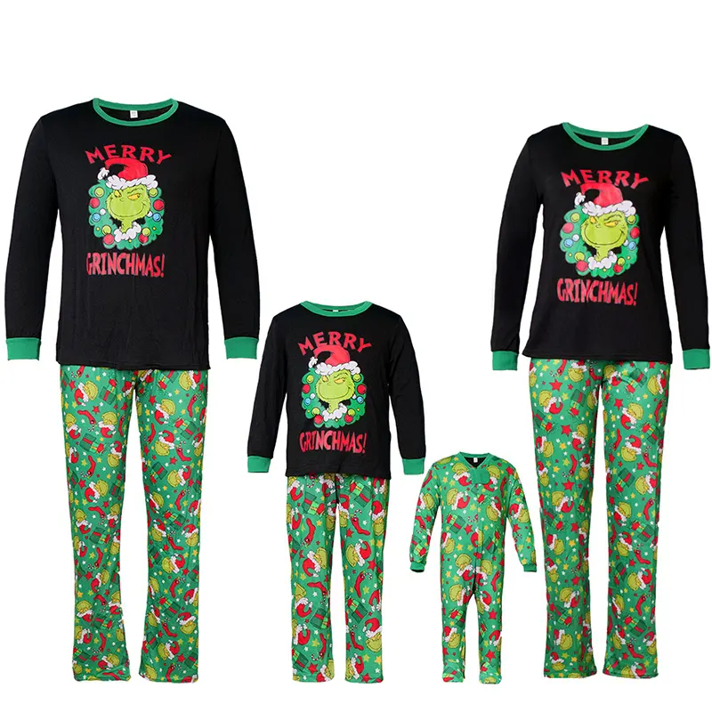 Navidad Grinchmas estampado negro verde cuello redondo manga larga a juego conjuntos de pijamas de Navidad para suministros de fiesta de Navidad